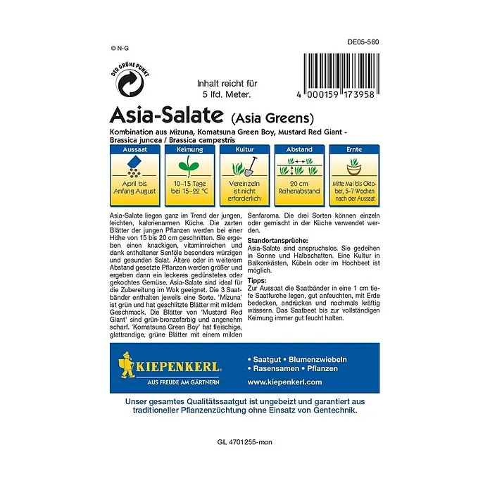 Kiepenkerl Profi-Line Salatsamenmischung Asia-Salate - Verschiedene Sorten, Erntezeit: Mai - Abbildung der Asia-Salate (Asia Greens) Saatgutpackung von Kiepenkerl mit Anweisungen zu Aussaat, Keimung, Kultur, Abstand und Ernte.