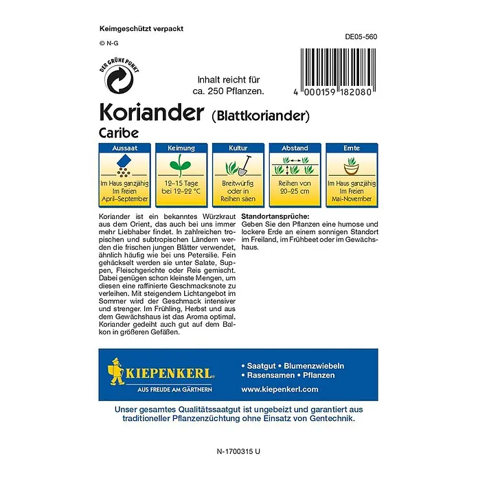 Kiepenkerl Profi-Line Kräutersamen Koriander Caribe - Coriandrum sativum, Saatzeit: April, Erntezeit: Mai - Samentüte Koriander (Blattkoriander) 'Caribe' von Kiepenkerl. Aussaat: Im Haus ganzjährig, im Freien April-September.