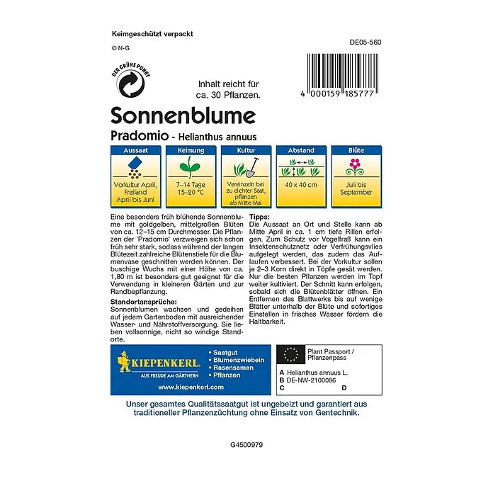 Kiepenkerl Profi-Line Blumensamen Sonnenblume - Helianthus annuus, Pradomio, Blütezeit: Juli - Sonnenblumen-Samenpackung der Marke Pradomio - Helianthus annuus mit Informationen zu Aussaat, Keimung, Kultur, Abstand und Blütezeit.