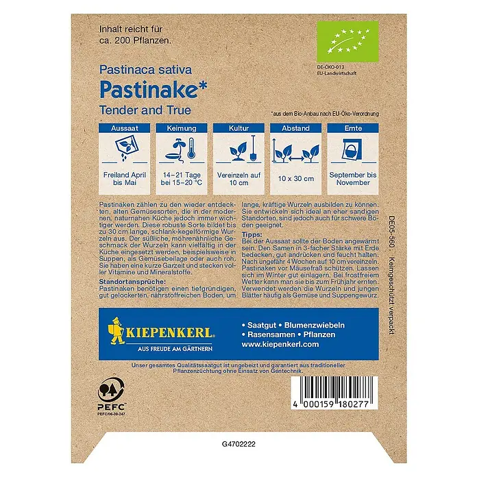Kiepenkerl Profi-Line Gemüsesamen Bio Pastinake - Pastinaca sativa, Erntezeit: September - Bild der Kiepenkerl Pastinaca sativa Samenpackung mit Informationen zu Anbau, Aussaat und Ernte der Pastinake.
