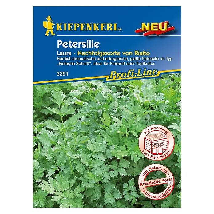 Kiepenkerl Profi-Line Kräutersamen Petersilie - Laura, Petroselinum crispum, Saatzeit: April, Erntezeit: Mai - Abbildung einer "Kiepenkerl Petersilie Laura" Samenpackung. Die Sorte ist aromatisch, ertragreich und für Freiland- sowie Topfkultur geeignet.