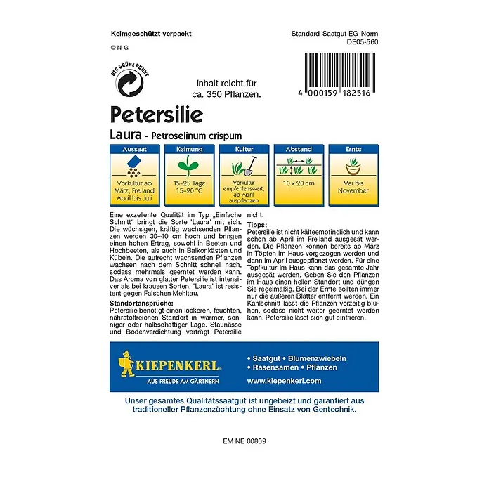 Kiepenkerl Profi-Line Kräutersamen Petersilie - Laura, Petroselinum crispum, Saatzeit: April, Erntezeit: Mai - Samentüte Petersilie 'Laura', ideal für den Anbau von würzigen, glatten Petersilienpflanzen im Garten oder Topf.
