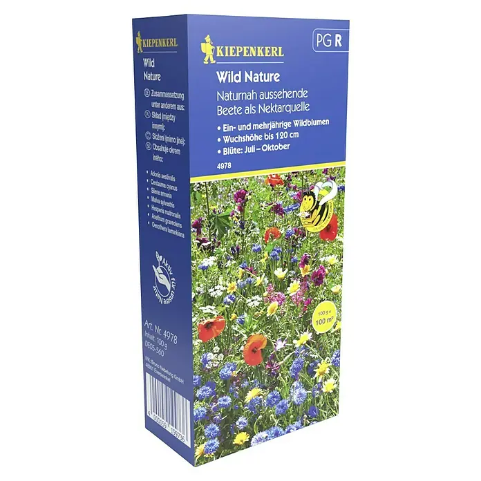 Kiepenkerl Blumensamenmischung - Wild Nature, Verschiedene Sorten, Blütezeit: Juli, 100 m² - Produktbild einer "KIEPENKERL Wild Nature" Blumensamenpackung. Die Packung verspricht naturnahe, nektarreiche Beete mit Wildblumen.