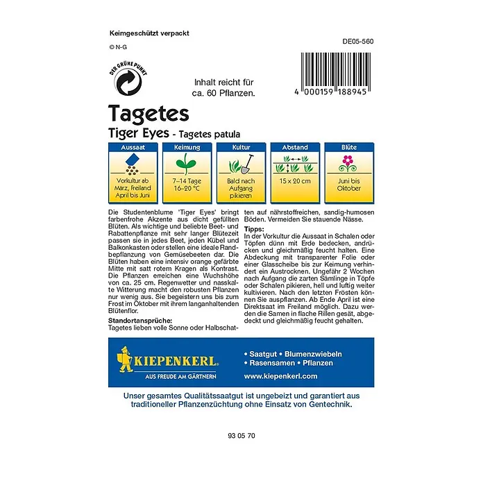Kiepenkerl Profi-Line Blumensamen Studentenblume - Tagetes patula, Tiger Eyes, Blütezeit: Juni - Samentüte der Tagetes Tiger Eyes. Geeignet für ca. 60 Pflanzen, Blütezeit von Juni bis Oktober.
