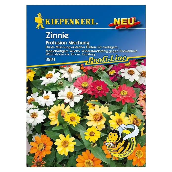 Kiepenkerl Profi-Line Blumensamen Zinnie - Zinnia elegans, Profusion - Abbildung einer Kiepenkerl Zinnie Profusion Mischung Samenumschlag, der die bunten Zinnienblüten zeigt.
