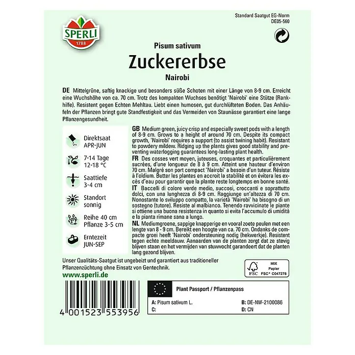 Sperli Gemüsesamen Zuckererbse Nairobi - Pisum sativum, Erntezeit: Juni - Saatgutpackung Zuckererbse 'Nairobi' von Sperli. Mittelgrüne, knackige Schoten, ideal für den Anbau im eigenen Garten und Balkon.