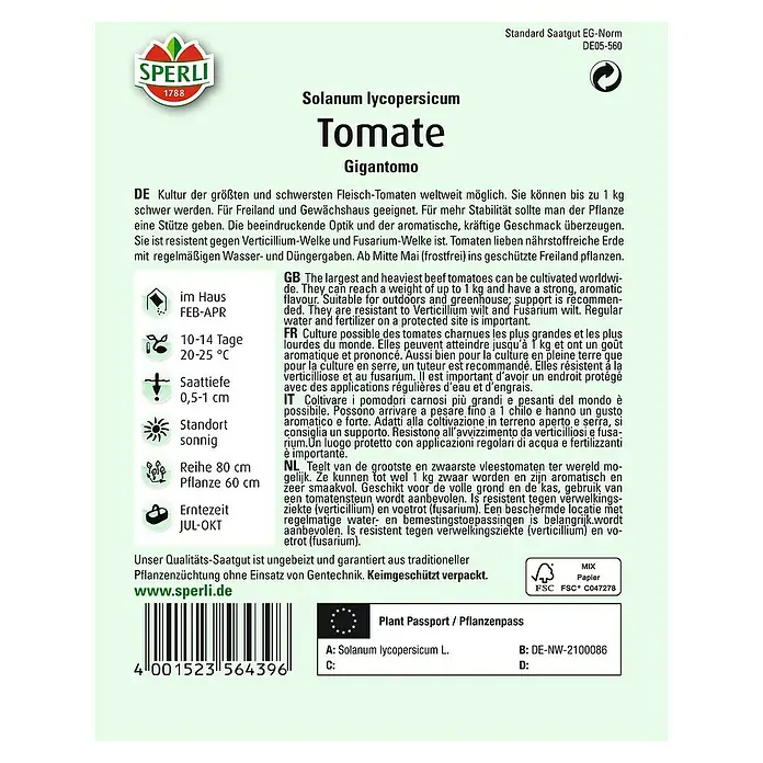 Sperli Gemüsesamen Tomate - Gigantomo, Solanum lycopersicum, Erntezeit: Juli - Bild einer "Gigantomo" Tomatensamenpackung von Sperli, ideal für große, fleischige Tomaten.