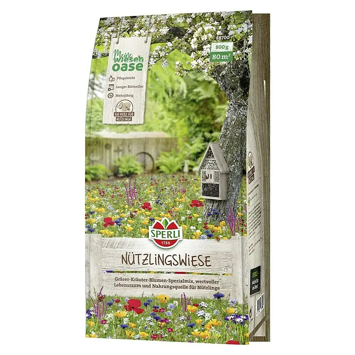 Sperli Wildblumensamen Nützlingswiese - 80 m² - Abbildung einer Packung Nützlingswiese von Sperli, einer speziellen Gräser-, Kräuter- und Blumenmischung.