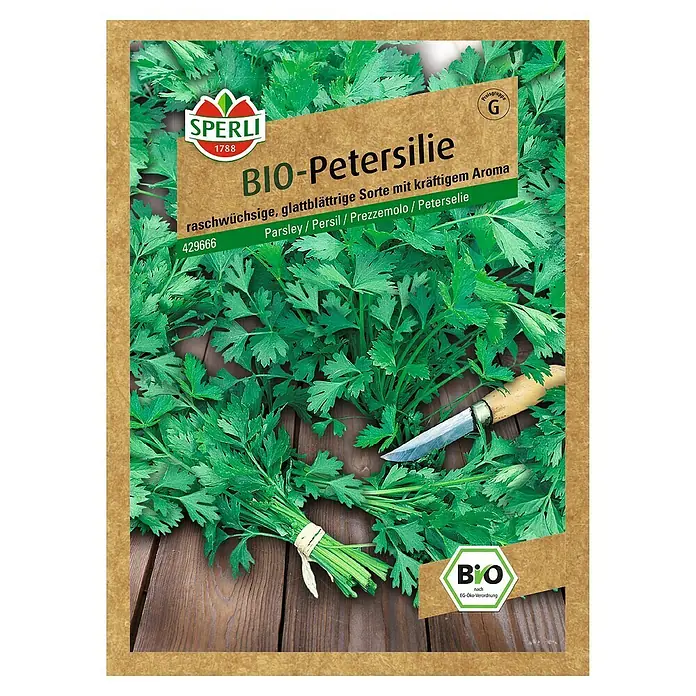 Sperli Kräutersamen Petersilie - Bio Petersilie glatt, Petroselinum crispum, Saatzeit: April, Erntezeit: Ganzjährig - Eine Packung Bio-Petersiliensamen der Marke Sperli. Die Sorte ist schnellwüchsig und glattblättrig mit kräftigem Aroma.