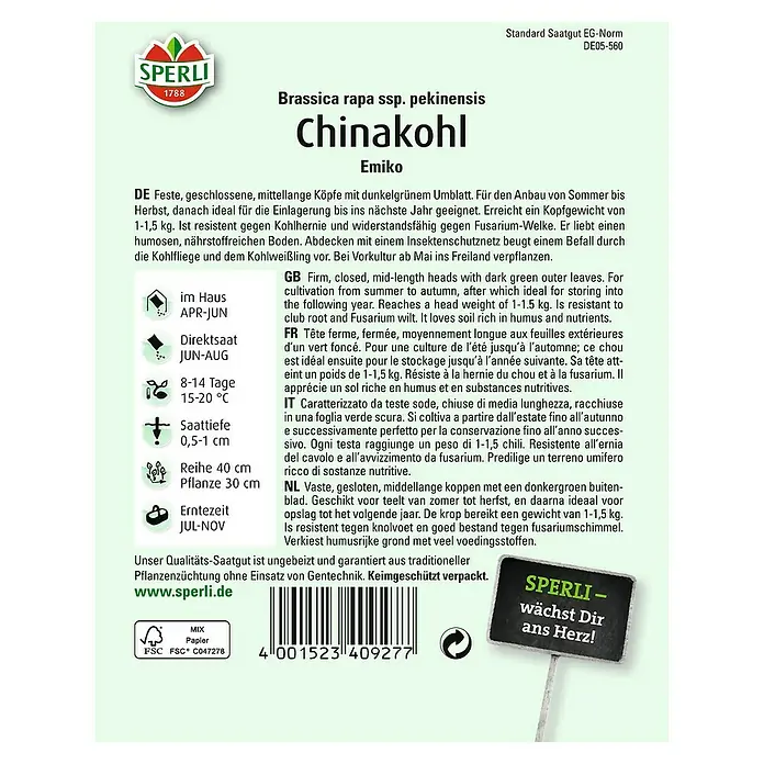 Sperli Gemüsesamen Chinakohl Emiko - Brassica rapa var. pekinensis, Erntezeit: Juli - Samenpackung für Chinakohl Emiko, einer resistenten und ertragreichen Sorte für den Anbau im eigenen Garten.