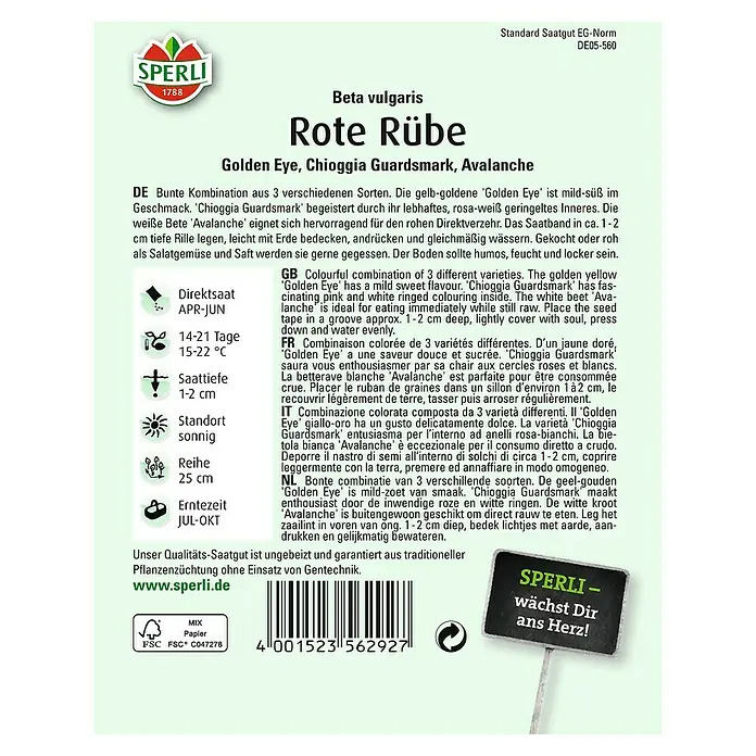 Sperli Gemüsesamen Rote Rübe - Golden Eye, Beta vulgaris, Erntezeit: Juli - Bild der Samenpackung für Rote Rübe Golden Eye, Chioggia Guardsmark, Avalanche der Marke Sperli.