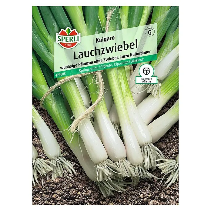 Sperli Gemüsesamen Lauchzwiebel Kaigaro - Allium fistulosum, Erntezeit: Mai - Abbildung einer Packung Lauchzwiebel-Samen der Marke Sperli.