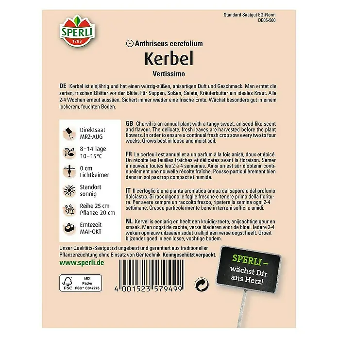 Sperli Kräutersamen Kerbel Vertissimo - Anthriscus cerefolium, Saatzeit: März, Erntezeit: Mai - Samenpackung für Kerbel 'Vertissimo' von Sperli. Einjähriges Küchenkraut mit würzig-süßem Geschmack für Garten oder Topf.
