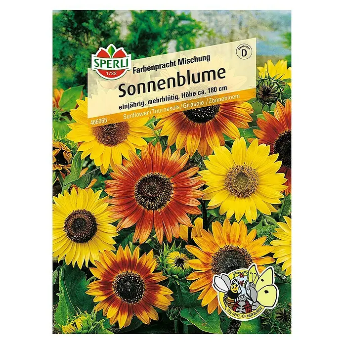 Sperli Blumensamen Sonnenblume - Farbenpracht Mix, Helianthus annuus, Blütezeit: August - SPERLI Sonnenblumenmischung 'Farbenpracht', einjährige, mehrblütige Sonnenblumen in verschiedenen Farben, Höhe ca. 180cm, ideal für Garten und Beet.