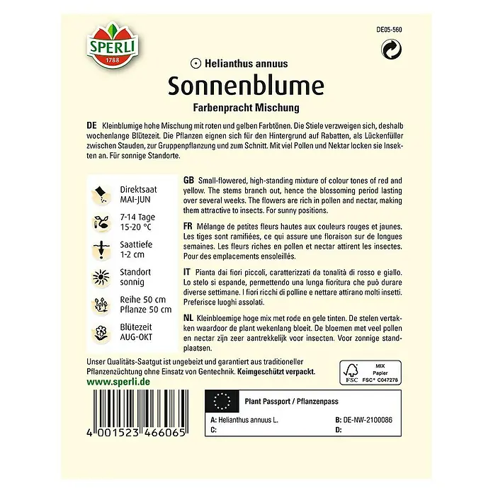 Sperli Blumensamen SonnenblumeFarbenpracht Mix, Helianthus annuus, Blütezeit: August - Abbildung einer Samenpackung Sonnenblumen, farbenprächtige Mischung für eine farbenfrohe Gartengestaltung.