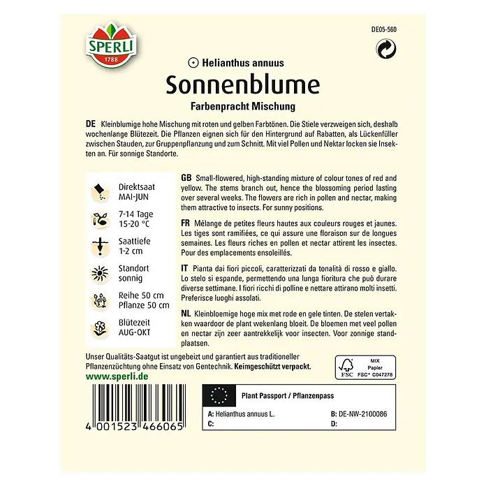 Sperli Blumensamen Sonnenblume - Farbenpracht Mix, Helianthus annuus, Blütezeit: August - Abbildung einer Samenpackung Sonnenblumen, farbenprächtige Mischung für eine farbenfrohe Gartengestaltung.