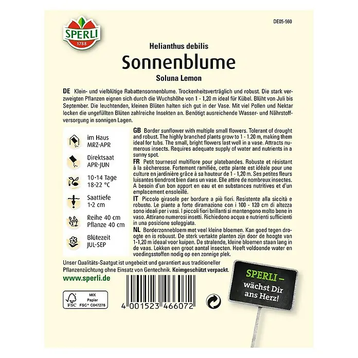 Sperli Blumensamen Sonnenblume - Soluna Lemon, Helianthus debilis, Blütezeit: Juli - Bild der "Sperli Sonnenblume Soluna Lemon" Samenpackung.