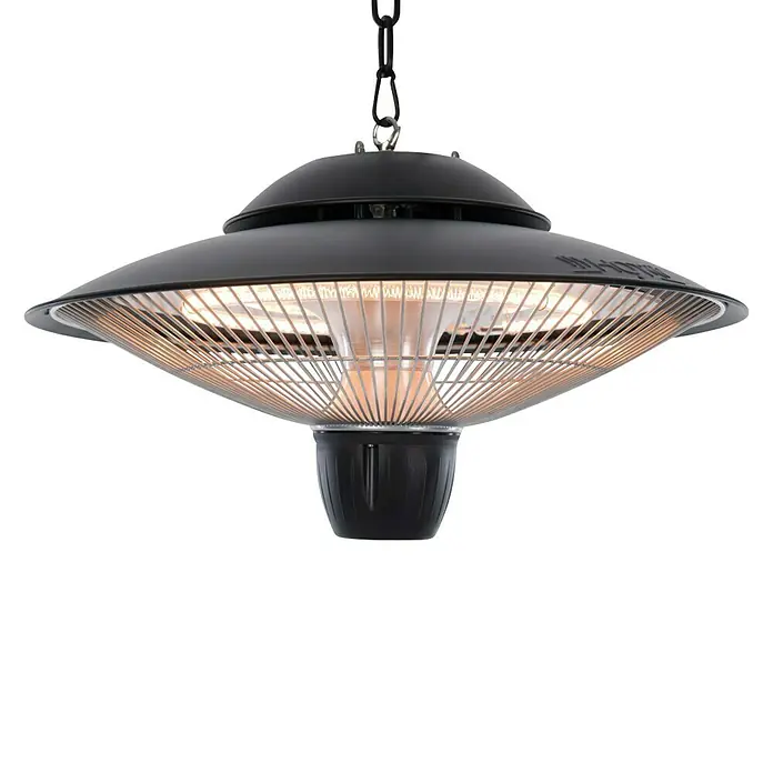 Sunred Deckenheizstrahler Barcelona - 1.500 W, Schwarz, Durchmesser: 42,5 cm - Nahaufnahme einer schwarzen Deckenheizlampe, die mit einem Drahtschutzgitter ausgestattet ist und warmes Licht abstrahlt, aufgehängt an einer Kette.