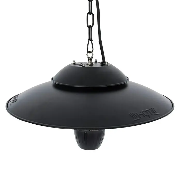 Sunred Deckenheizstrahler Barcelona - 1.500 W, Schwarz, Durchmesser: 42,5 cm - Nahaufnahme einer schwarzen Fabriklampe mit einer Kette an der Decke, die ein industrielles und stilvolles Flair verleiht.