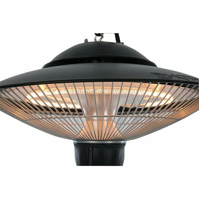 Sunred Deckenheizstrahler Barcelona - 1.500 W, Schwarz, Durchmesser: 42,5 cm - Nahaufnahme einer Infrarot-Terrassenheizung mit spiralförmigem Heizelement und Schutzgitter.