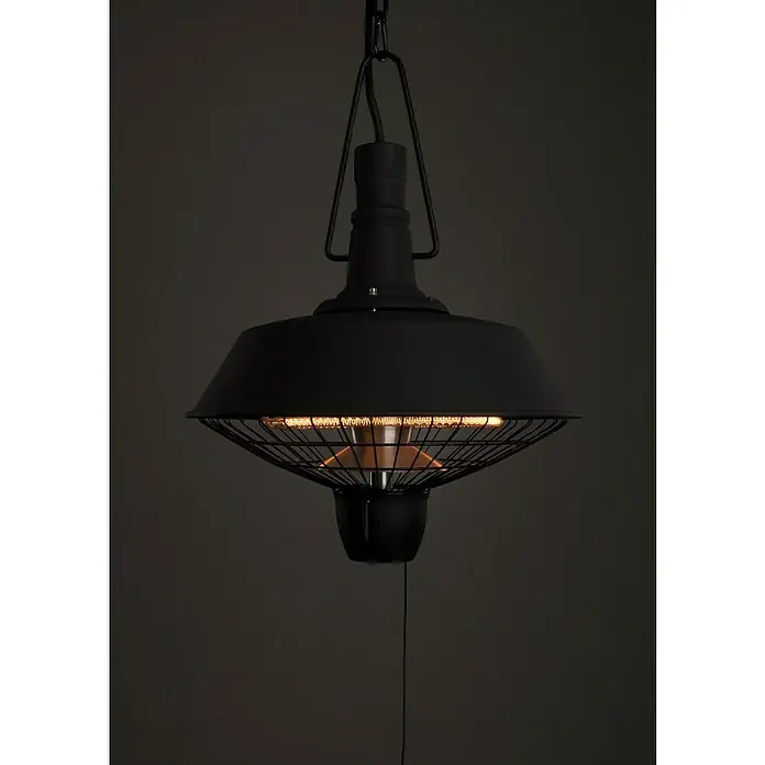 Sunred Deckenheizstrahler Indus - 2.100 W, Schwarz, Durchmesser: 36 cm - Hängelampe aus schwarzem Metall mit Käfig, die ein warmes Licht ausstrahlt und eine industrielle Atmosphäre schafft.