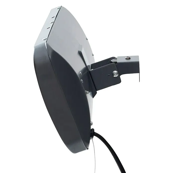 Sunred Wandheizstrahler Lugo - 2.000 W, Grau, 54 x 16 x 12 cm - Eine Nahaufnahme einer grauen Richtfunkantenne mit Halterung vor einem schwarzen Hintergrund, die eine klare drahtlose Kommunikation ermöglicht.
