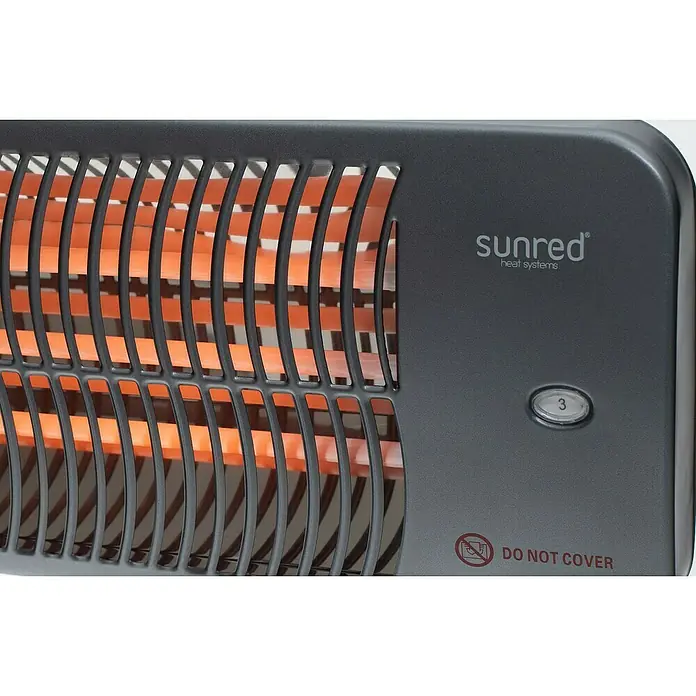 Sunred Wandheizstrahler Lugo - 2.000 W, Grau, 54 x 16 x 12 cm - Nahaufnahme einer Sunred Heizung mit Gitter und Bedienelementen, die Wärme und Sicherheit vereint.