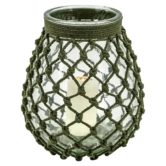 Windlicht Makramee - Ø x H: 24 x 28 cm, Grün - Dekorative Glaslaterne mit grünem Seilnetz für stimmungsvolles Licht im Innen- und Außenbereich.