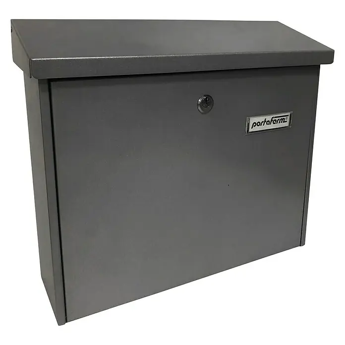 Portaferm Wandbriefkasten PF 55 - L x B x H: 10 x 37,7 x 32 cm, Anthrazit, Stahl - Ein grauer Portafarm-Briefkasten mit Schloss und Firmenlogo, ideal für sichere Postzustellung.