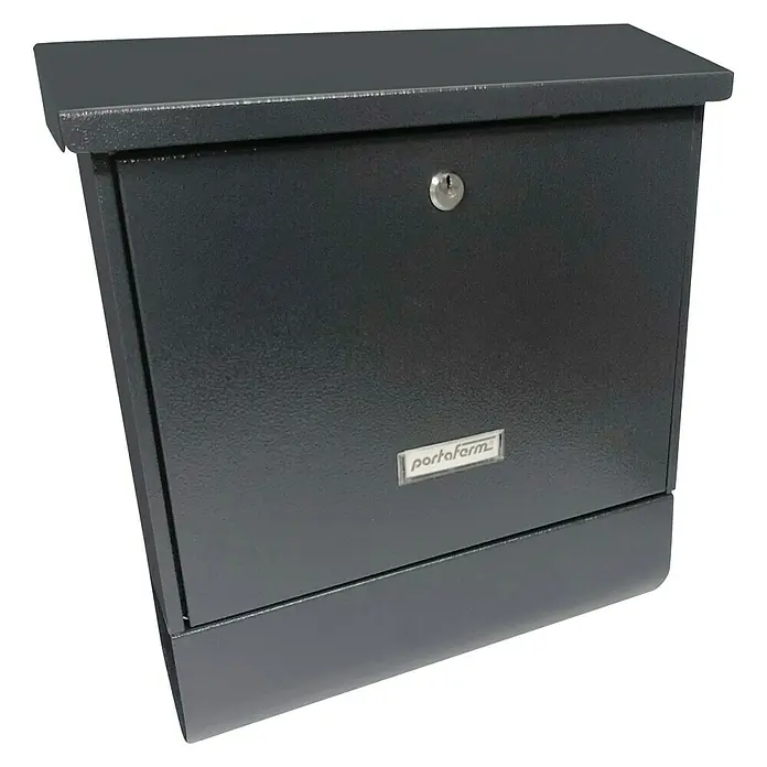 Portaferm Wandbriefkasten PF 77 - L x B x H: 11,5 x 38 x 42,5 cm, Anthrazit, Stahl, Zeitungsfach - Nahaufnahme eines grauen Briefkastens von Portafarm mit Schlüssel und schlichtem Design.