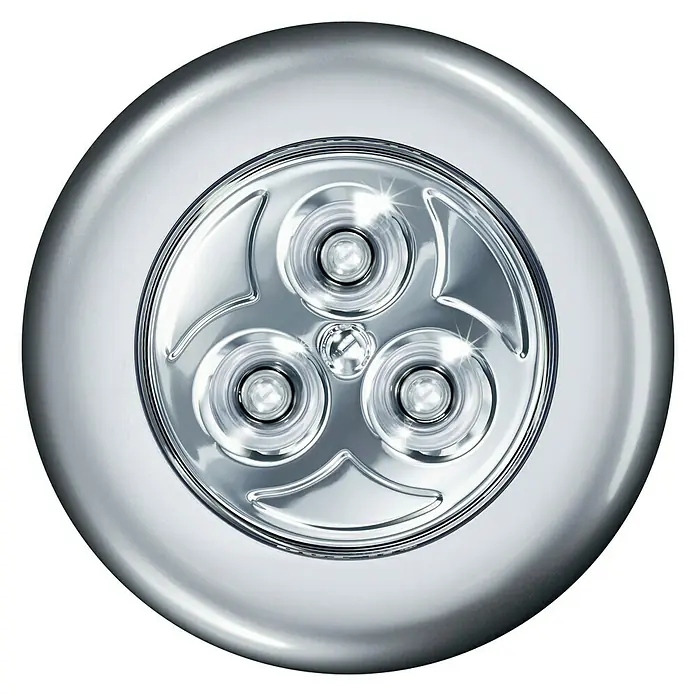 Osram DOT-it Aplique de pared redondo Classic - Plateado, 67 mm - Primer plano de un downlight LED plateado con un diseño moderno e iluminación clara.