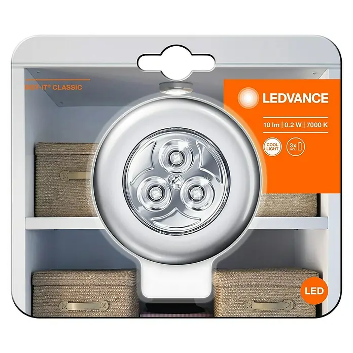 Osram DOT-it Aplique de pared redondo Classic - Plateado, 67 mm - Luz LED LEDVANCE DOT IT® CLASSIC con 10 lm, 0,2 W y 7000 K para iluminación de armarios. Incluye pilas para uso inmediato.