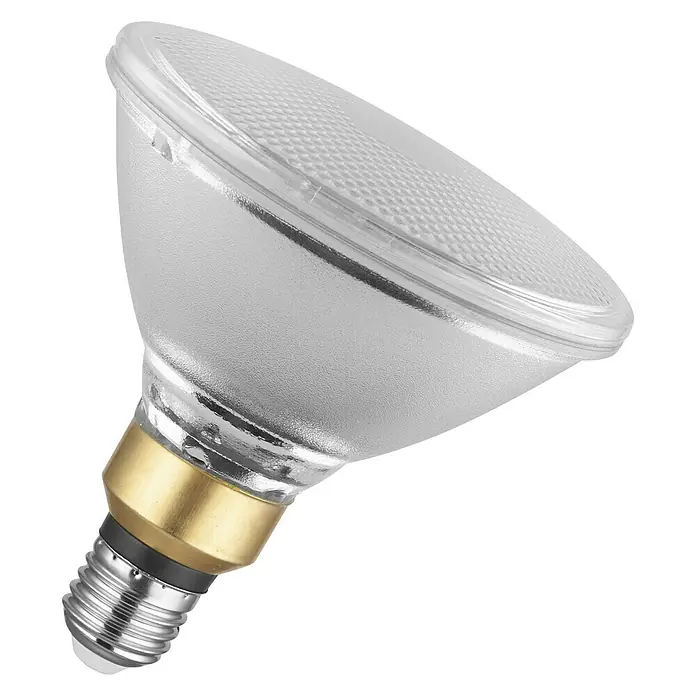 Osram Parathom LED-Lampe Reflektor GU10 - E27, Dimmbar, Warmweiß, 1.035 lm, 12,5 W - Nahaufnahme einer PAR20-LED-Lampe mit silbernem Reflektor und Standard-E26-Schraubsockel vor schwarzem Hintergrund.