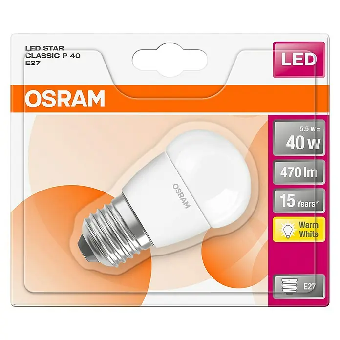 Osram Bombilla LED Star Classic P - E27, No regulable, Blanco cálido, 470 lm, 6 W, Mate - Embalaje de una bombilla OSRAM LED STAR Classic P 40 E27. Es de color blanco cálido, dura 15 años y proporciona 470 lúmenes de brillo.