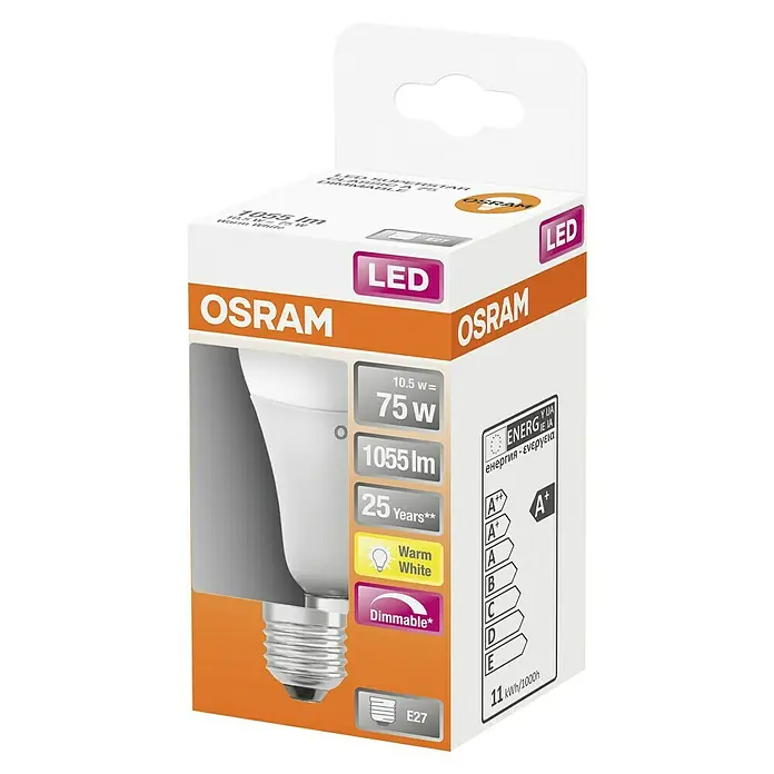 Osram Bombilla LED Superstar Classic A - E27, Intensidad regulable, Blanco cálido, 1.055 lm, 13,5 W - Embalaje de una bombilla Osram LED Superstar A 75, que promete eficiencia energética y larga duración.