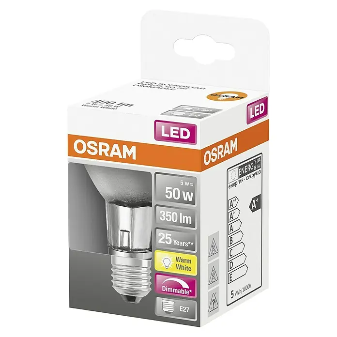 Osram Superstar Bombilla LED PAR20 - E27, Intensidad regulable, Blanco cálido, 345 lm, 5 W - Imagen del producto de una bombilla LED Osram Superstar PAR20 36° regulable. Brilla en un tono blanco cálido y es apta para casquillos E27.
