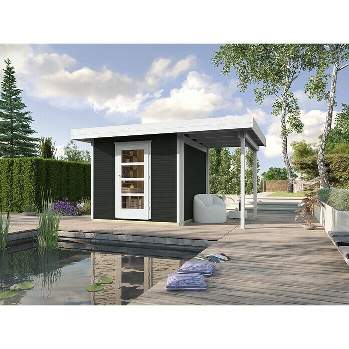 Weka wekaLine Gartenhaus Designhaus 172 + Anbau 150 cm (Außenmaß inkl.  Dachüberstand (B x T): 424 x 316 cm, Holz, Anthrazit/Weiß, 9,278 m²) |  BAUHAUS