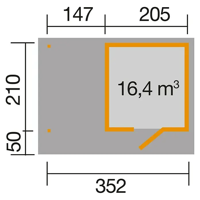 Weka wekaLine Gartenhaus Designhaus 172 + Anbau 150 cm - Außenmaß inkl. Dachüberstand (B x T): 399 x 284 cm, Holz, Anthrazit/Weiß, 7,49 m² - Grundriss des Gartenhauses mit Größenangaben.