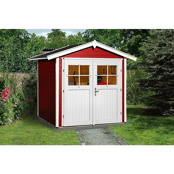 Weka Gartenhaus 224 - Außenmaß inkl. Dachüberstand (B x T): 260 x 233 cm, Holz, Schwedenrot/Weiß - Ein roter Holzgarten Schuppen mit weißen Türen und einem schwarzen Dach steht auf einer Rasenfläche, umgeben von Grün.