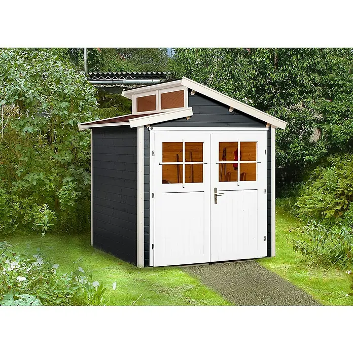 Weka Gartenhaus 226 - Außenmaß inkl. Dachüberstand (B x T): 237 x 231 cm, Holz, Anthrazit/Weiß, 4,285 m² - Ein dunkelgraues Gartenhaus mit weißen Doppeltüren und einem kleinen Oberlicht im Garten.