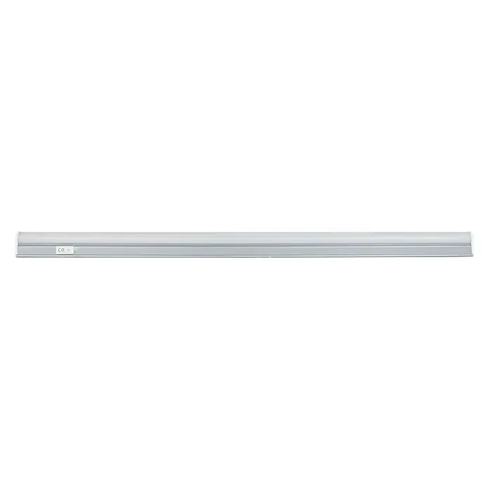 Ritter Leuchten LED-Unterbauleuchte Alpha - 8 W, Länge: 58,5 cm, Neutralweiß - Nahaufnahme einer LED-Leuchtstoffröhre mit Schalter auf schwarzem Hintergrund.