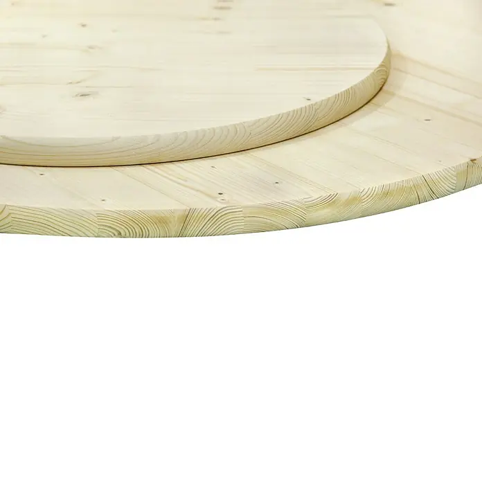 Tischplatte - Durchmesser: 90 cm, Stärke: 2,8 cm, Fichte, Rund - Eine Nahaufnahme eines Holztisches mit einer Drehscheibe, die die natürliche Maserung und die Verarbeitung des Holzes hervorhebt.