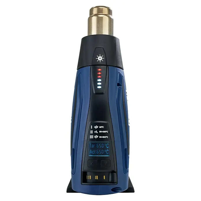 Rapid Heißluftgebläse 2200-LCD - 2.200 W, Temperaturbereich: 50 °C - 650 °C - Abgebildet ist eine Heißluftpistole mit digitaler Temperaturanzeige, die eine präzise Hitzekontrolle für verschiedene Anwendungen ermöglicht.