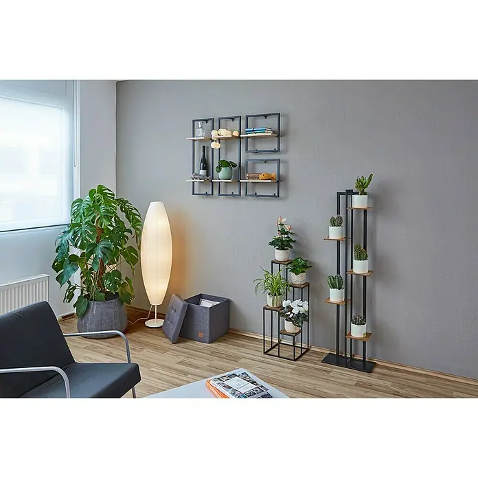 Phönix Wandregal Soho - L x B x H: 20 x 35 x 35 cm, Anzahl Böden: 1 Stk. - Ein Wohnzimmer mit einem modularen Wandregal, einem Pflanzenständer und einer Stehlampe, die eine gemütliche Atmosphäre schaffen.