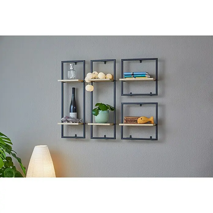 Phönix Wandregal Soho - L x B x H: 20 x 35 x 35 cm, Anzahl Böden: 1 Stk. - Wandregal-Set mit schwarzen Metallrahmen und hellem Holzregalböden, dekoriert mit Vasen, Büchern und Deko-Objekten.