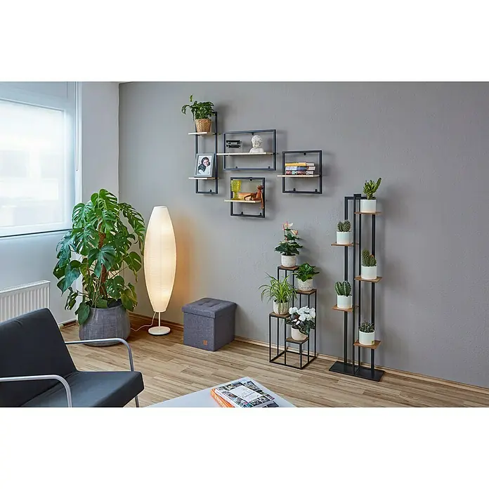 Phönix Wandregal Soho - L x B x H: 20 x 35 x 35 cm, Anzahl Böden: 1 Stk. - Ein modernes Wohnzimmer mit einem stilvollen schwarzen Sessel, einer großen Monstera-Pflanze und dekorativen Wandregalen.