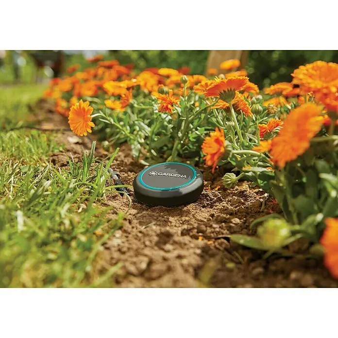 Gardena Bodenfeuchtesensor - Passend für: Gardena Bewässerungscomputer Flex/Select/Bluetooth®/Master/MultiControl duo - Nahaufnahme eines Gardena-Bewässerungssensors im Gartenbeet mit Blumen.