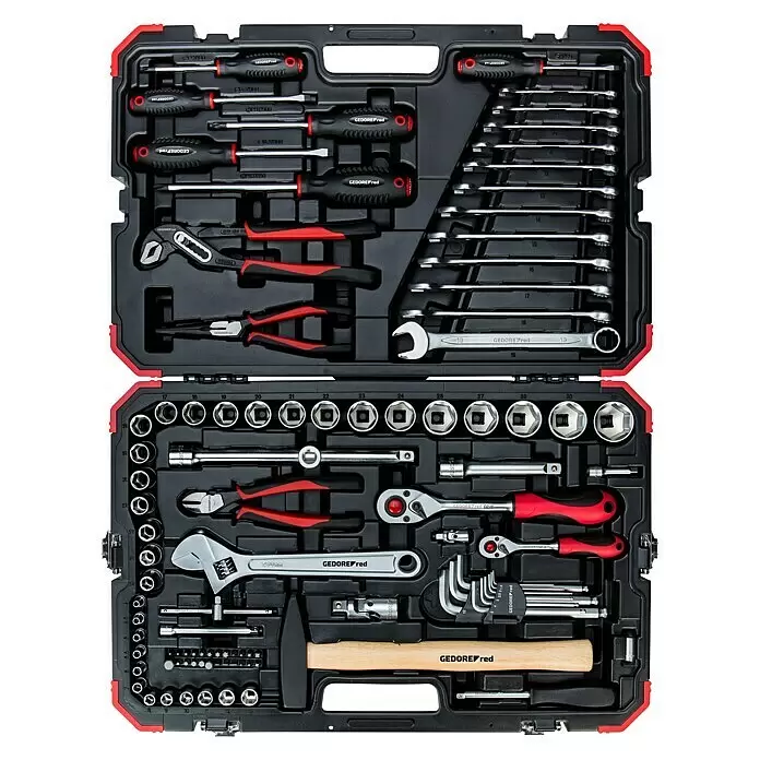 Gedore red Set de llaves de vaso - 100 pzs., Tamaño de accionamiento: ½″ - Juego de herramientas completo Gedore Red en estuche negro y rojo, con varias herramientas manuales incluyendo llaves, vasos, destornilladores, alicates y martillo.