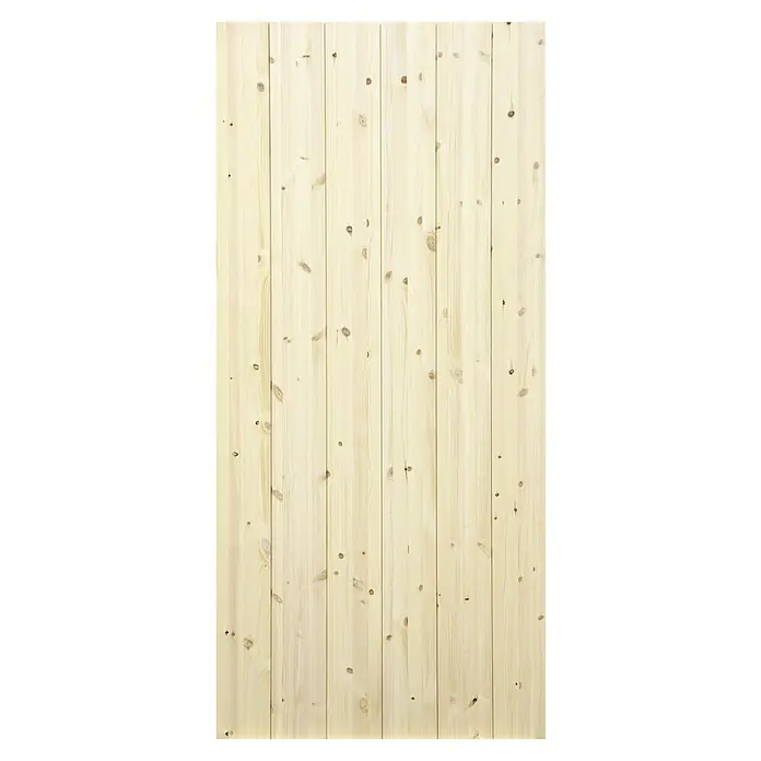 Radex Holzschiebetür Barn Door Loft Rustic - 95 x 210 cm, Kiefer, Natur, Motiv: XX - Helles Fichtenholzpaneel mit Astlöchern für Wand- oder Deckengestaltung, ideal für rustikale Innenräume und natürliche Optik.