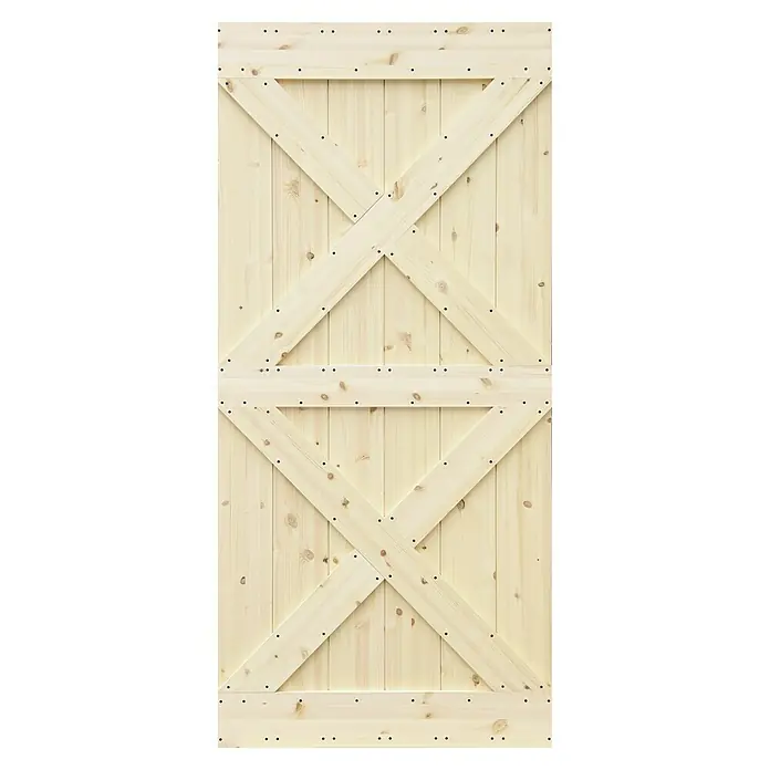 Radex Holzschiebetür Barn Door Loft Rustic - 95 x 210 cm, Kiefer, Natur, Motiv: XX - Detailaufnahme einer Holztür im Scheunenstil, die mit einem markanten X-förmigen Design und sichtbaren Befestigungselementen versehen ist.